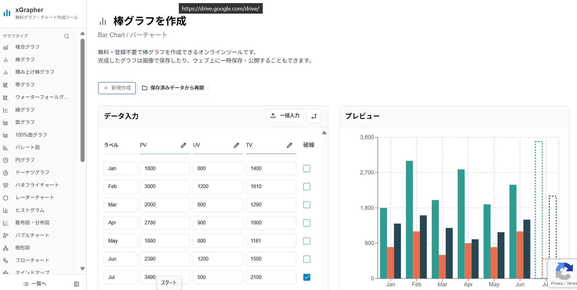 xGrapherの棒グラフ作成画面